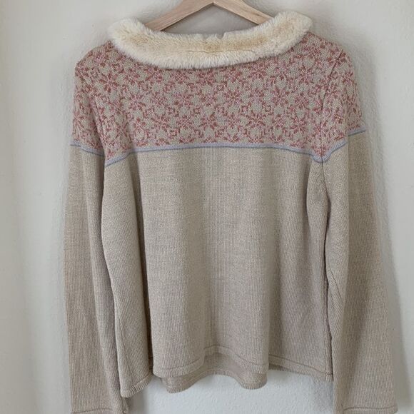 Fair Isle sweater Cream‎ pastel pink snowflake Fur Collar size XL - Picture 4 of 9